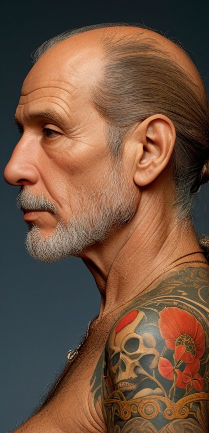 Mature Man with Gray Hair and Tattooed Arm