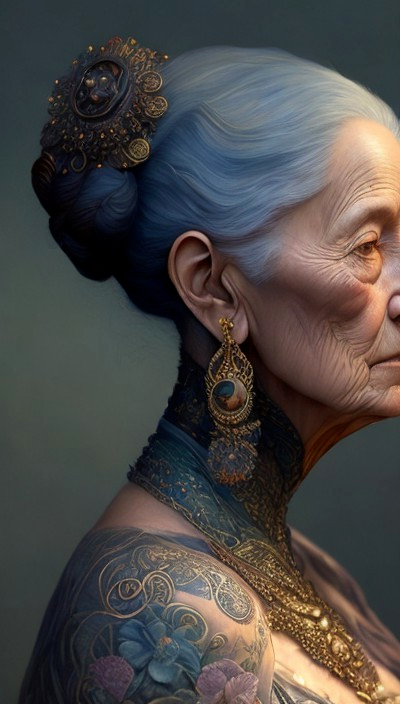 Elderly Woman with Jewelry and Cultural Tattoos
