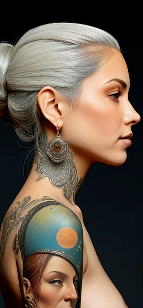 Profile of a Woman with Silver Hair and Tattoos