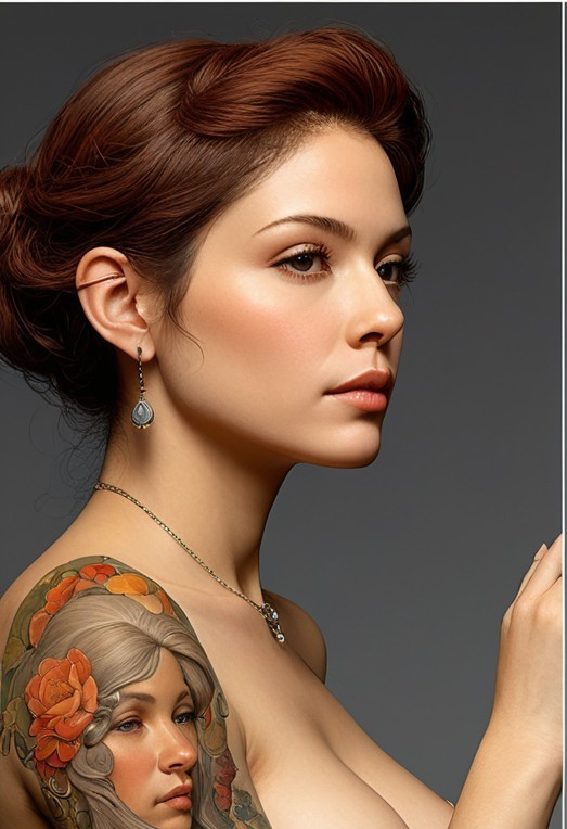 Portrait of a woman with serene expression and tattoo