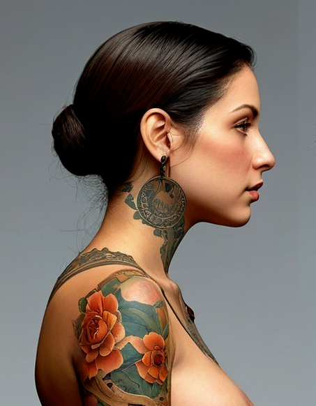 Profile of a Woman with Tattoos and Updo Hairstyle