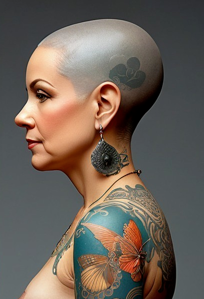 Woman with tattoos and shaved head profile display
