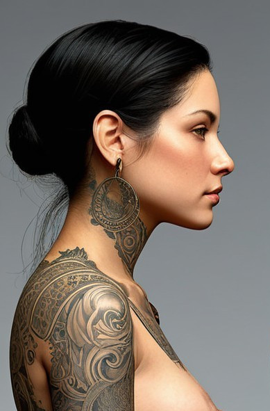 Profile of a Woman with Tattoos and Hoop Earrings