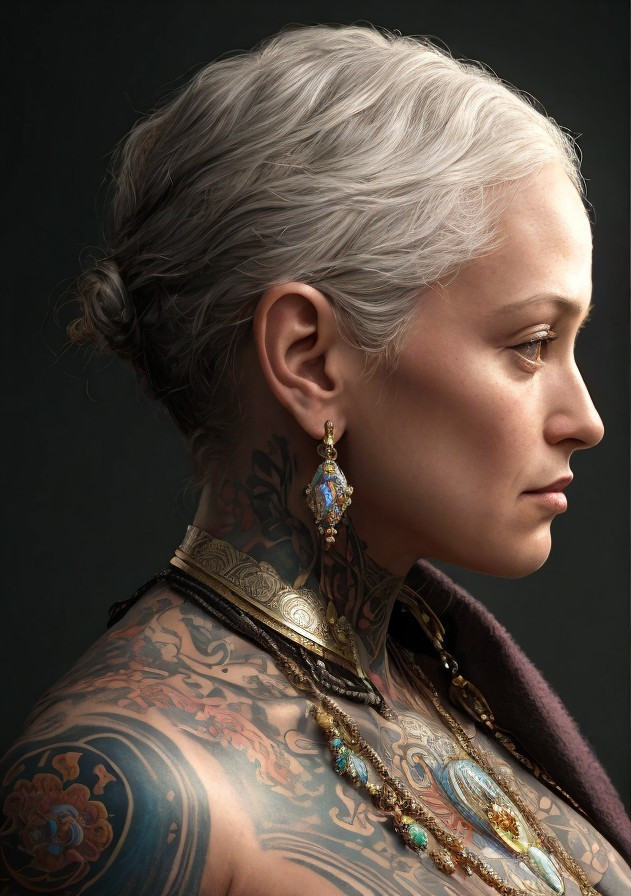 Woman with Silver Hair and Intricate Tattoos