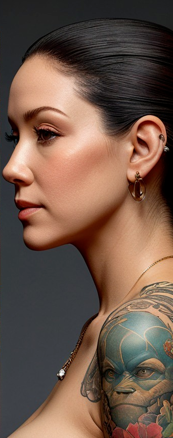 Elegant Profile of a Woman with Tattoos and Earrings