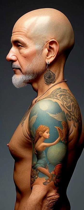 Profile of a Bald Man with a White Beard and Tattoo