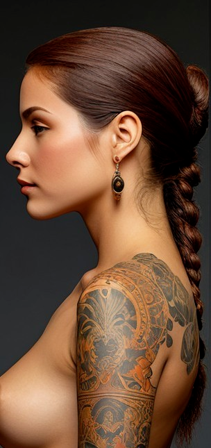 Profile of a Woman with Braided Hair and Tattoos