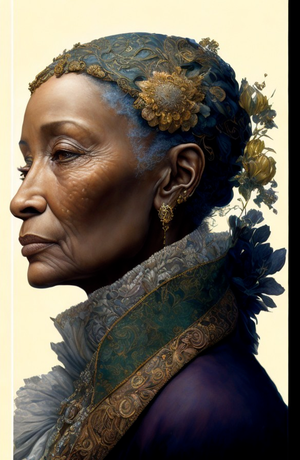 Elderly Woman in Ornate Gown with Elegant Accessories