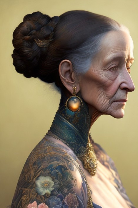 Detailed Portrait of an Elderly Woman with Tattoos