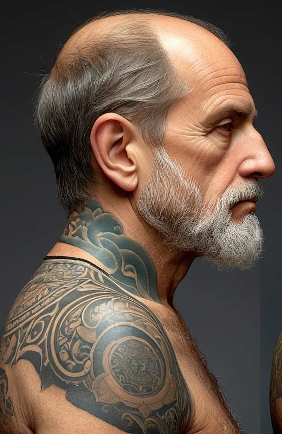 Elderly Man with Tattoos in Dark Background Profile