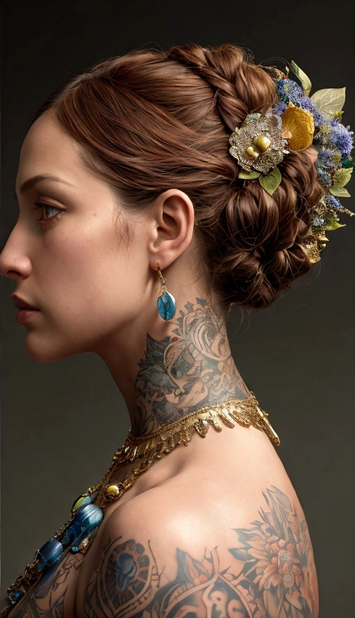 Profile of a Woman with Elaborate Updo and Tattoos