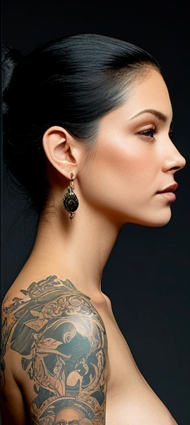 Profile of a Woman with Floral Tattoos and Elegant Hair