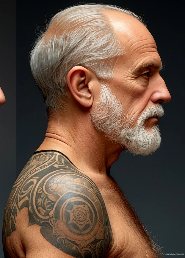 Elderly man with white beard and intricate shoulder tattoo