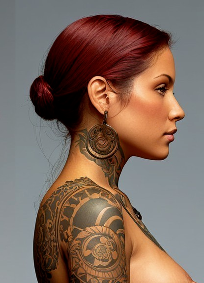 Woman with Red Hair and Intricate Black Tattoos