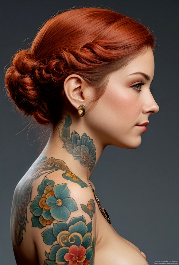 Elegant Woman with Red Hair and Floral Tattoos