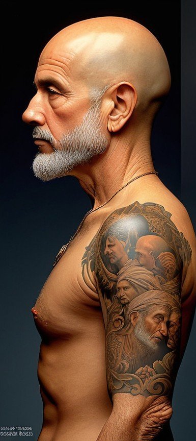 Elderly Man with Detailed Tattoo in Soft Lighting