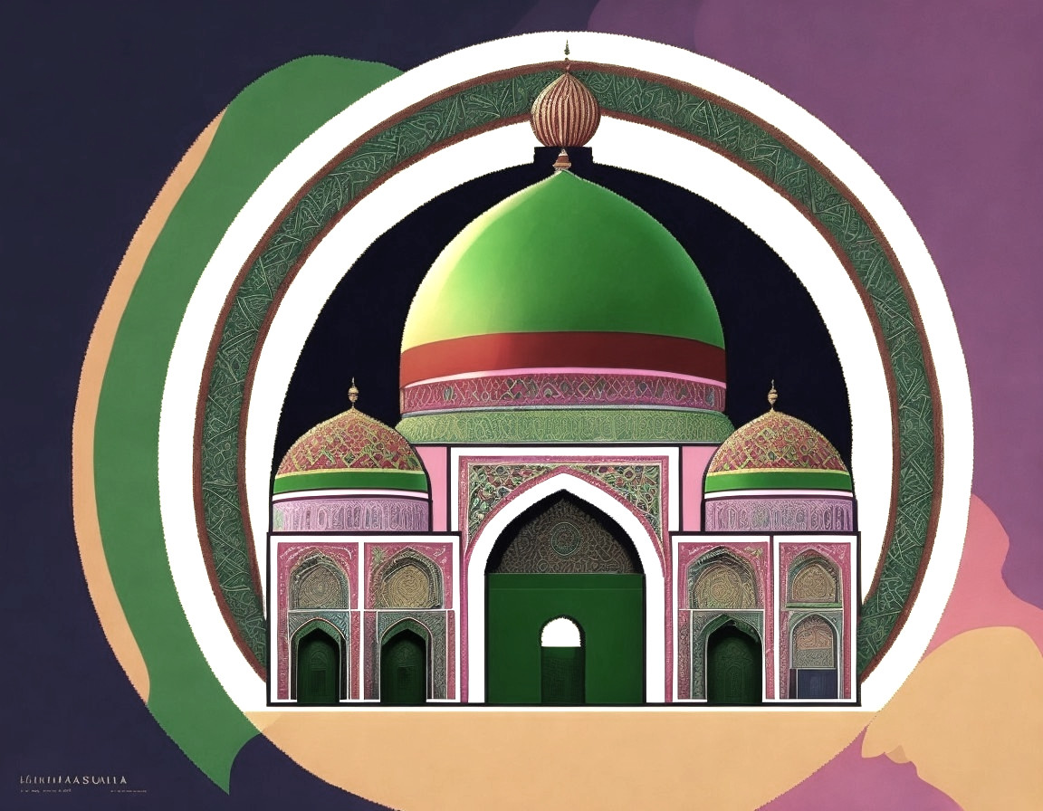 Ornate Mosque Structure with Green Dome and Patterns