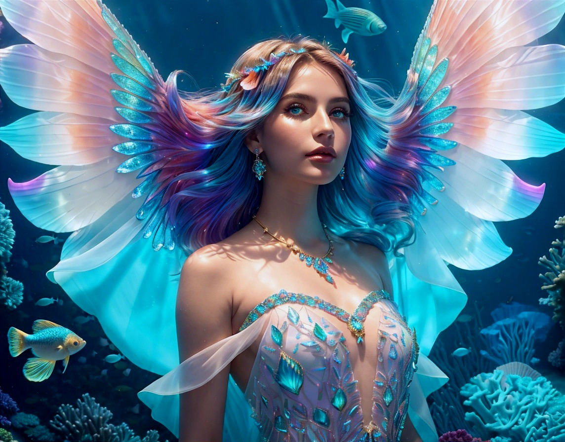 Underwater Scene with Mystical Woman and Colorful Fish