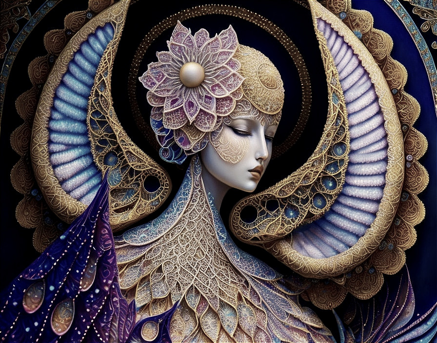 Serene figure with intricate patterns and stylized wings