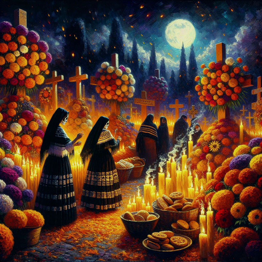 Vibrant Día de los Muertos Altar with Flowers and Candles