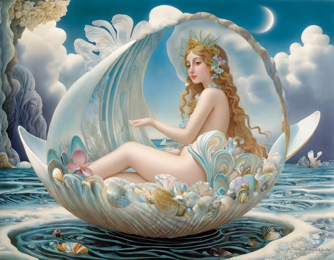 Mermaid figure in iridescent shell with ocean backdrop