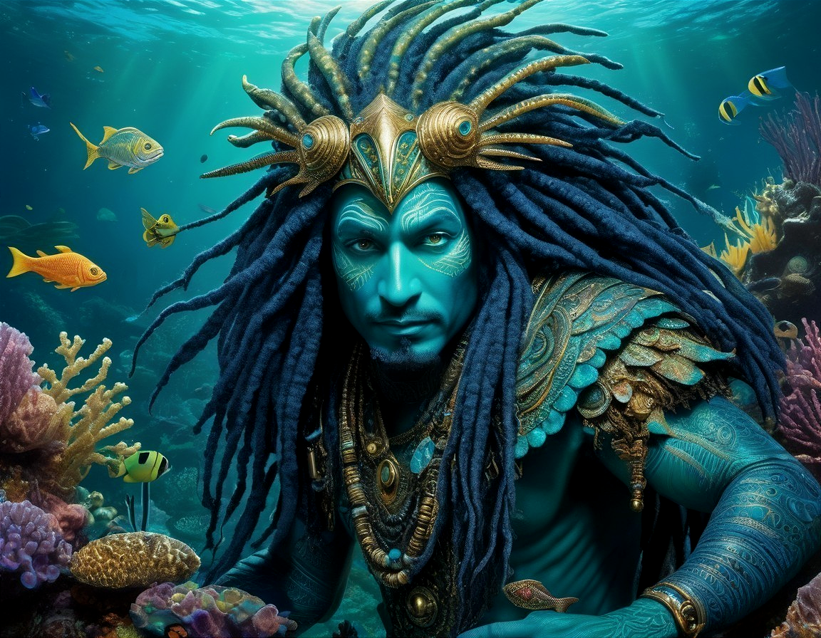 Mythical Underwater Figure with Vibrant Adornments