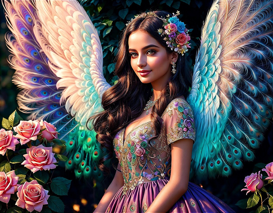 Ethereal Figure with Multicolored Wings and Roses