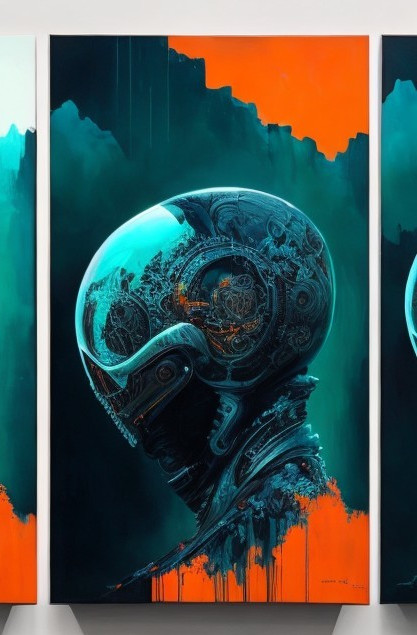 Futuristic Helmet Triptych with Mechanical Details
