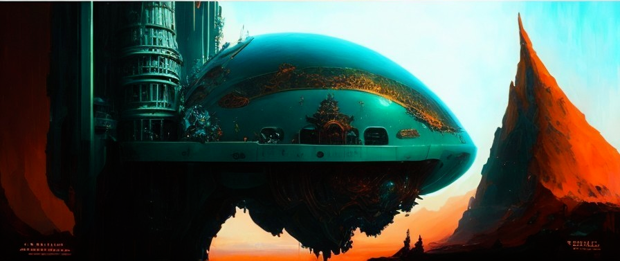 Futuristic spacecraft over rugged landscape with mountains