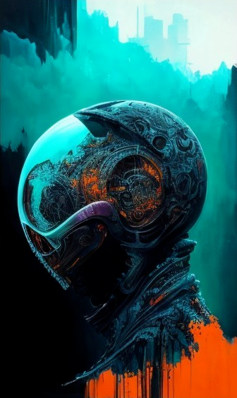 Futuristic Helmeted Figure with Abstract Background