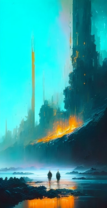 Otherworldly Landscape with Figures by Water's Edge