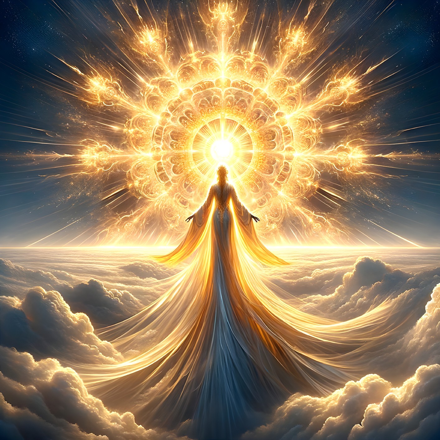 Celestial Figure in Radiant Clouds and Sunburst Light