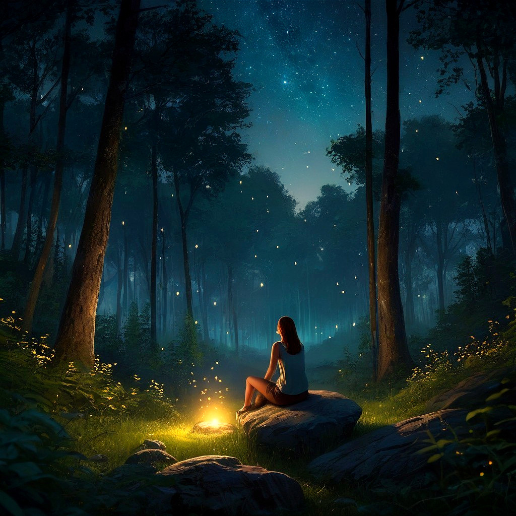 Nighttime Forest Scene with Campfire and Fireflies