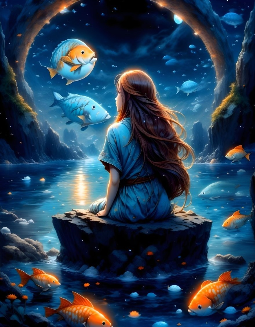Young woman by moonlit lake with colorful fish