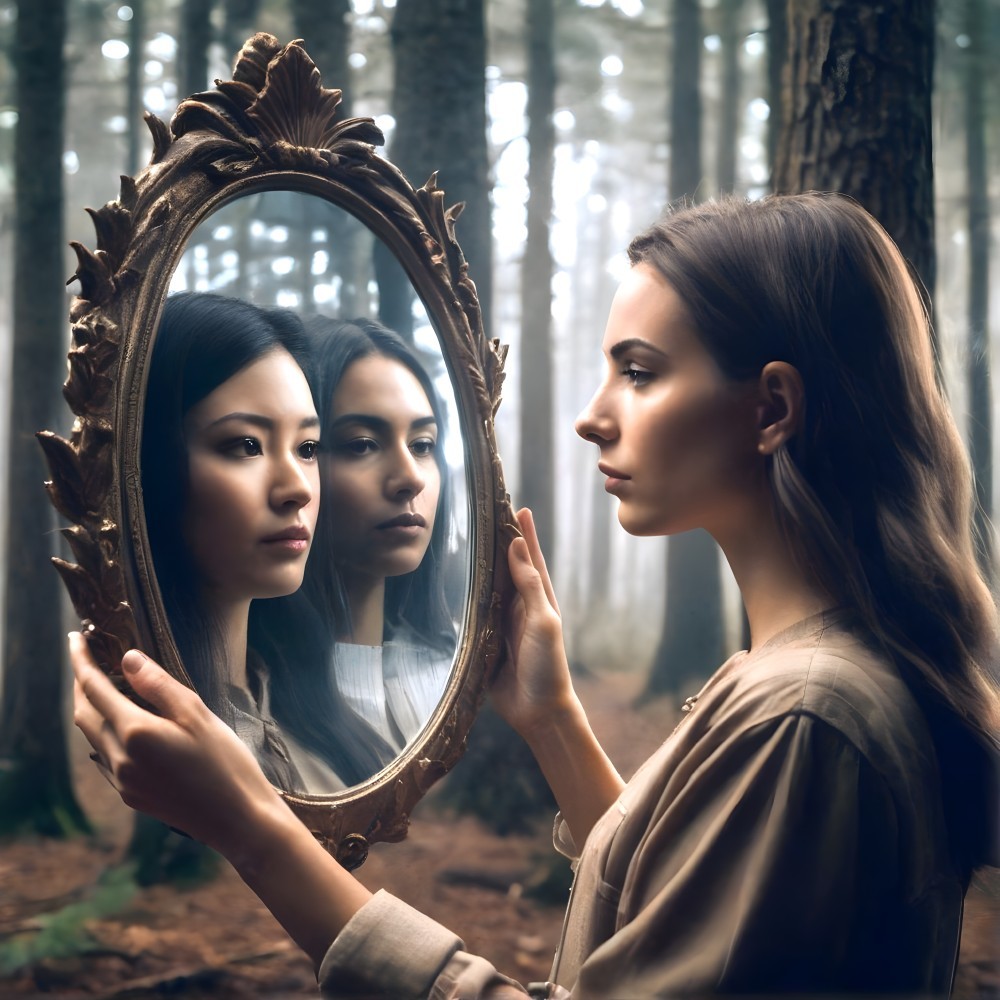 Women in Enchanted Forest Before Ornate Mirror