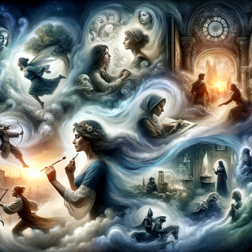 Surreal Collage of Fantasy Scenes and Ethereal Figures