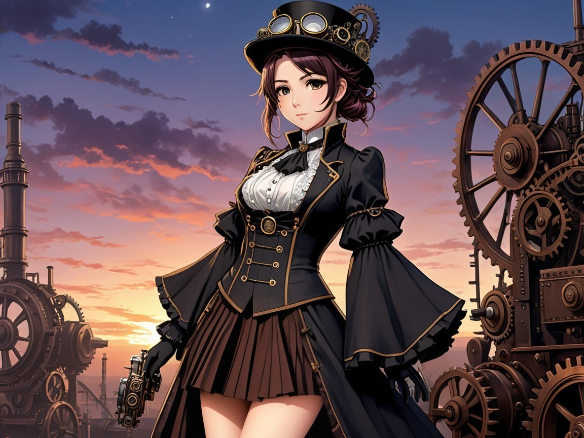 Young Woman in Elegant Steampunk Outfit at Sunset