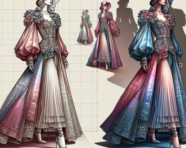 Fashionable gown design with dramatic silhouette and details