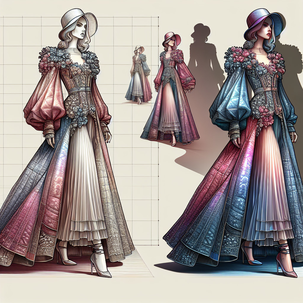 Fashionable gown design with dramatic silhouette and details