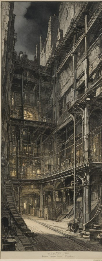 Abandoned Industrial Interior with Towering Structures