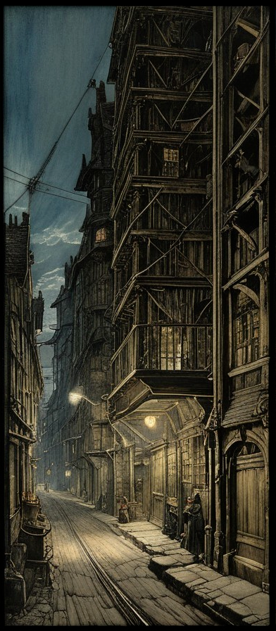 Dimly Lit Cobblestone Street with Wooden Buildings