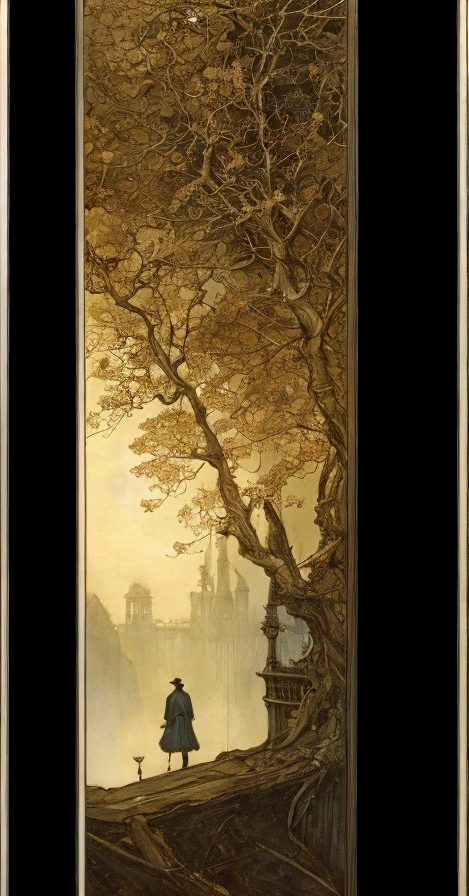 Lone Figure by Majestic Tree in Misty Landscape