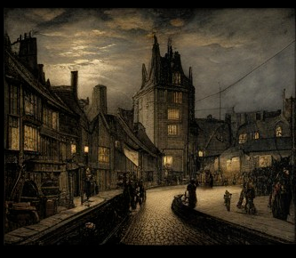 Misty Moonlit Street in an Old Town Setting