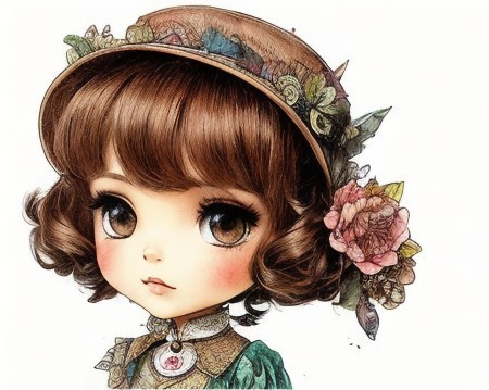 Illustrated Girl in Vintage Floral Outfit and Hat