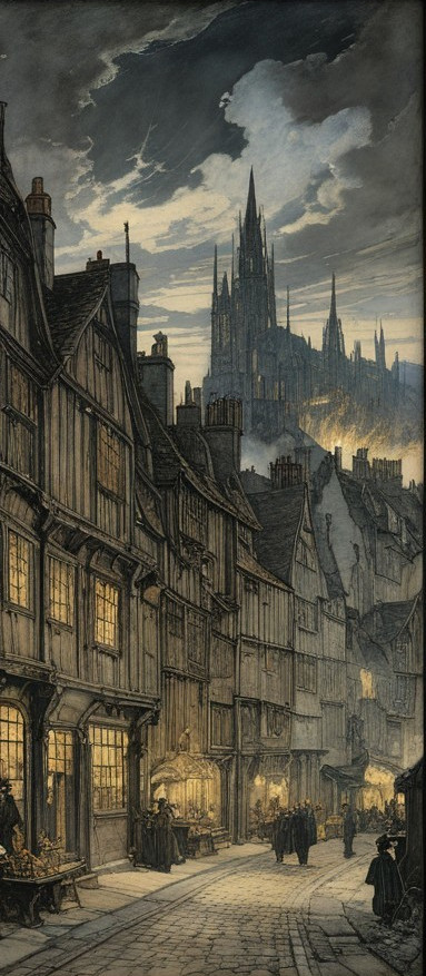 Medieval Cobblestone Street with Gothic Cathedral