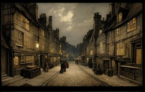 Historic Street at Dusk with Warm Gas Lamps and Shadows