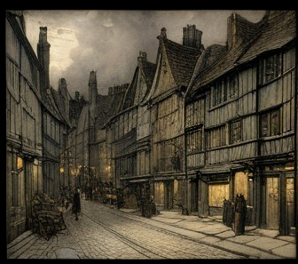 Twilight Scene of Historic Timber-Framed Street