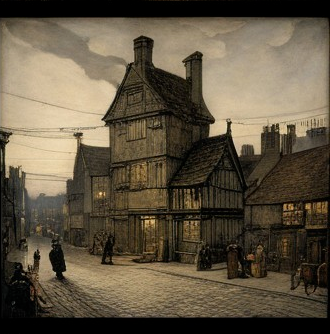 Historical street scene with timber-framed buildings