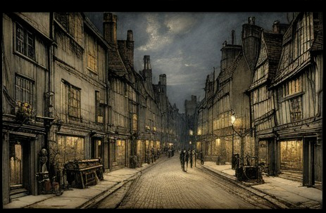 Historic Cobblestone Street with Timber-Framed Buildings