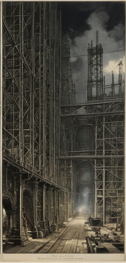 Industrial Interior with Steel Structures and Moonlight